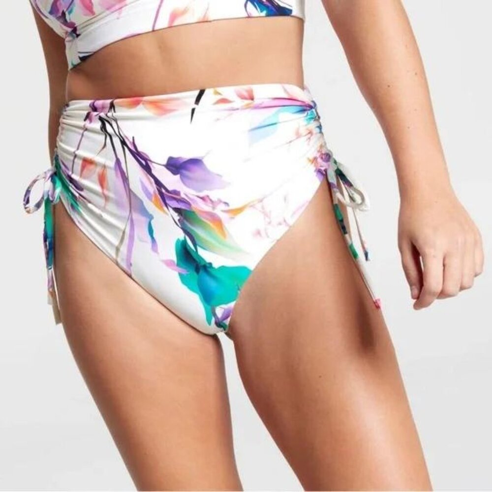 NWT CALIA Women's High Waisted Ruched Side Tie Swim Bottoms